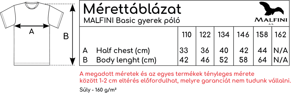 Malfini Basic gyerek póló mérettáblázat