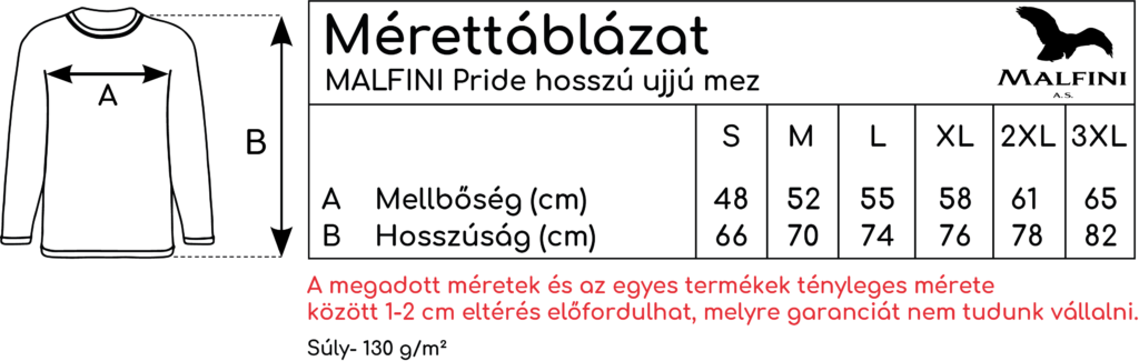 mérettáblázat Malfini Pride hosszú ijjú mez